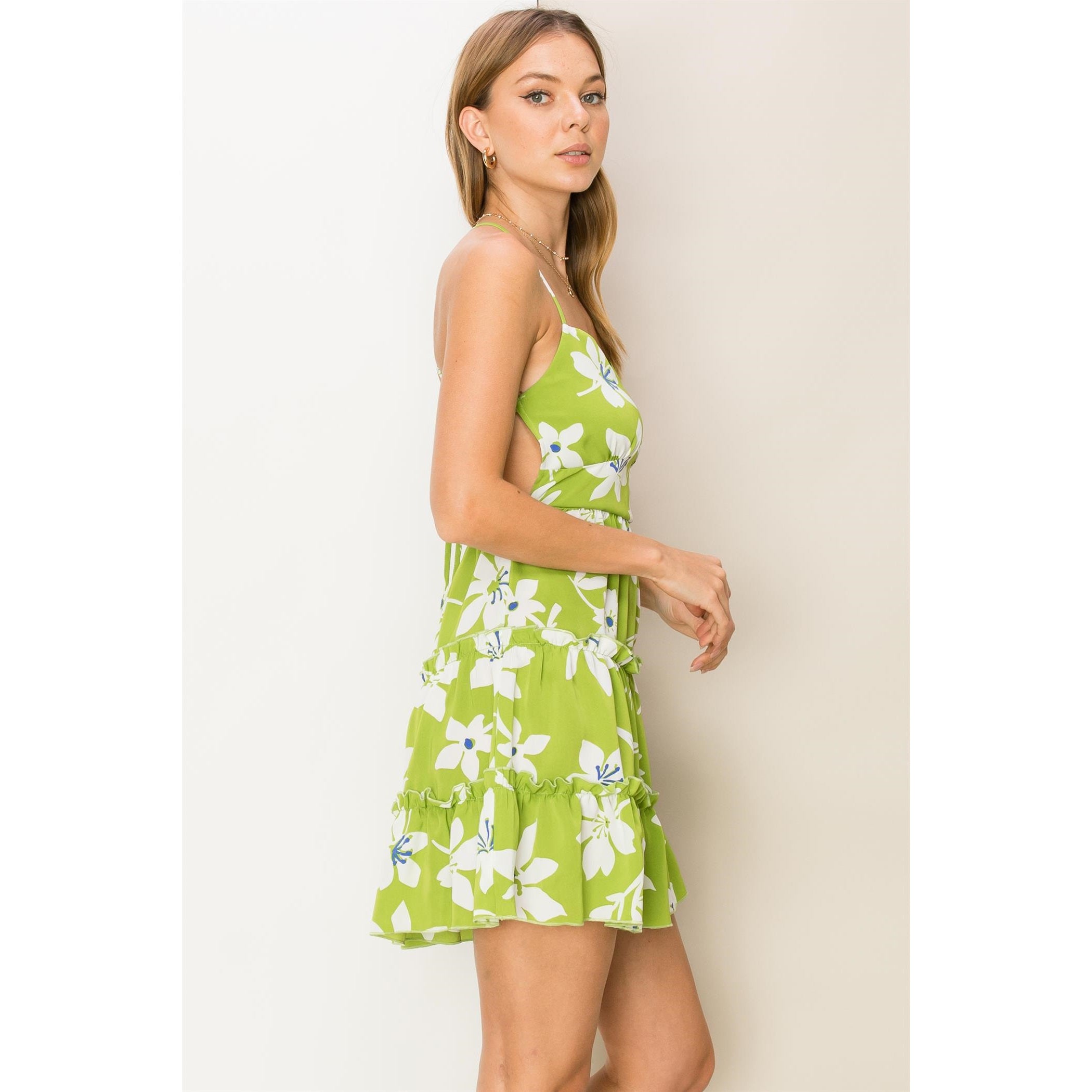 Taking It Easy Floral-Print Tie-Back Mini Dress-Street 360-S-Chartreuse-Urbanheer