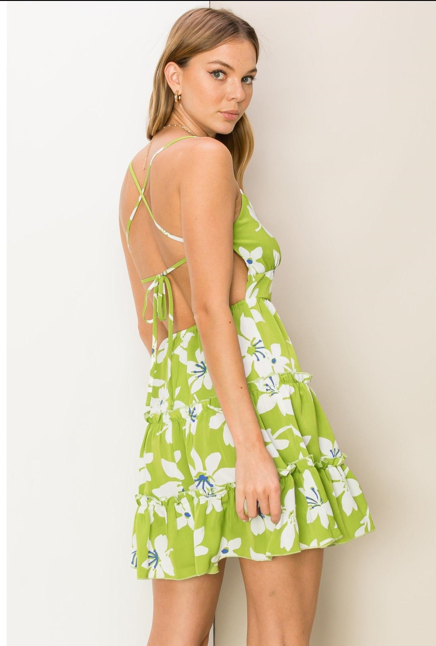 Taking It Easy Floral-Print Tie-Back Mini Dress-Street 360-S-Chartreuse-Urbanheer