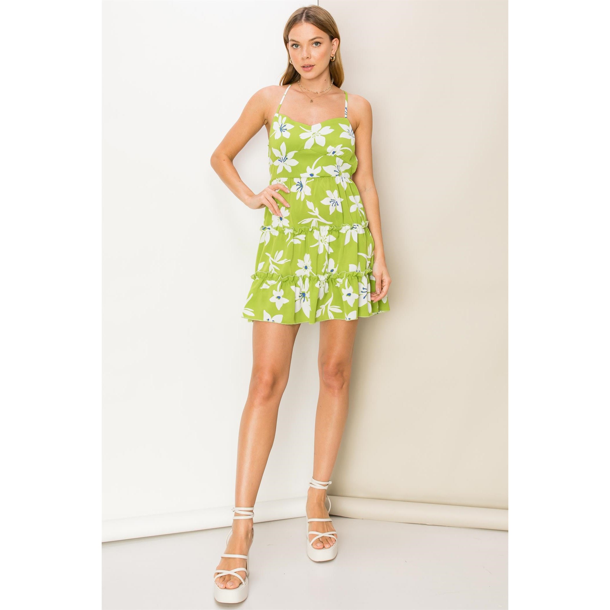 Taking It Easy Floral-Print Tie-Back Mini Dress-Street 360-S-Chartreuse-Urbanheer