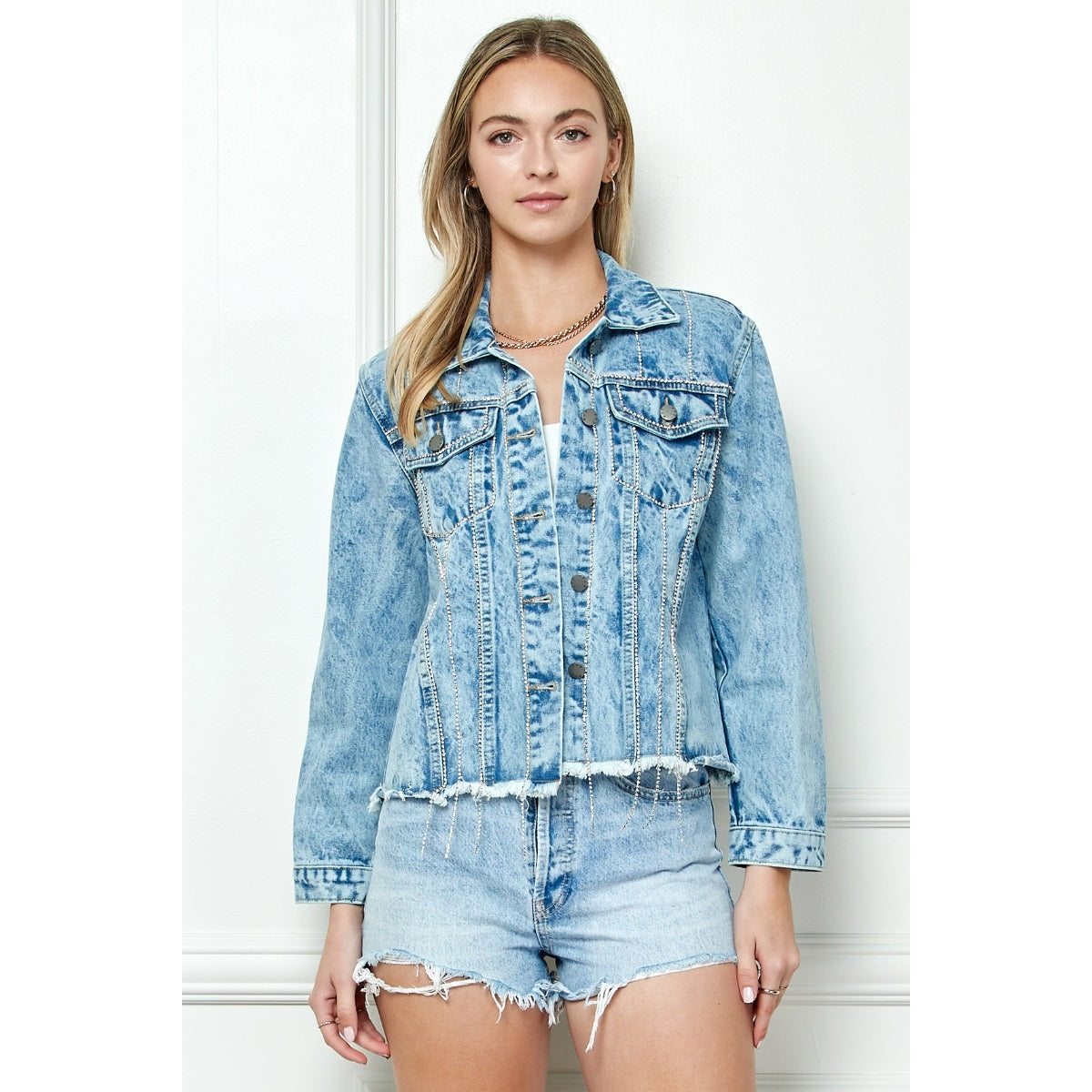 Rhinestone Stripe Seam Denim Jacket-Veveret-S-Urbanheer