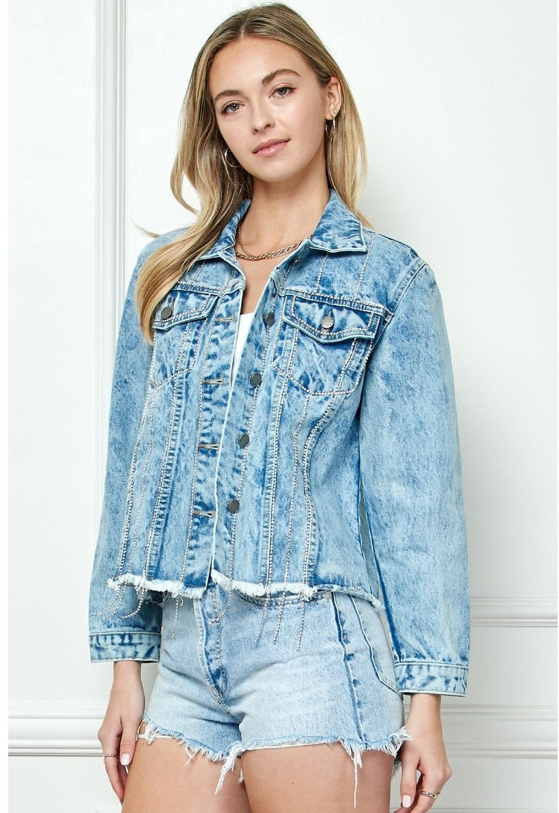 Rhinestone Stripe Seam Denim Jacket-Veveret-S-Urbanheer