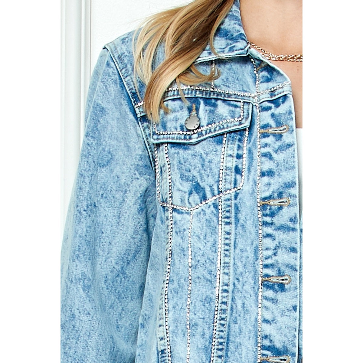 Rhinestone Stripe Seam Denim Jacket-Veveret-S-Urbanheer