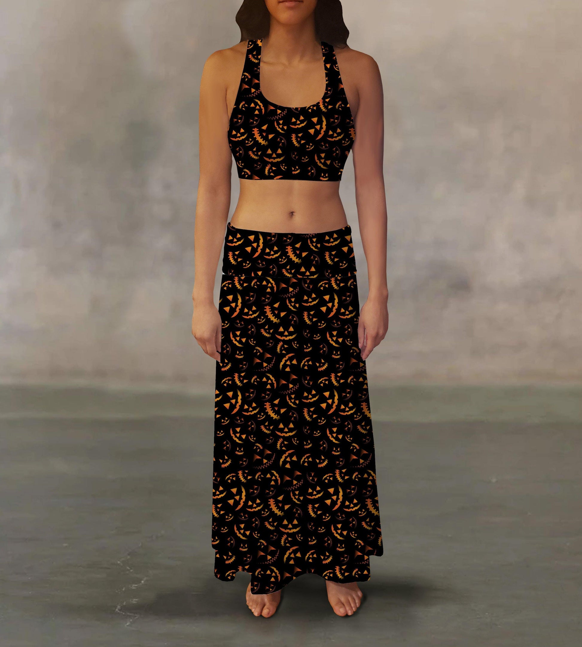 Jack-O-Lantern Faces Maxi Skirt-USA Made-XS-Urbanheer