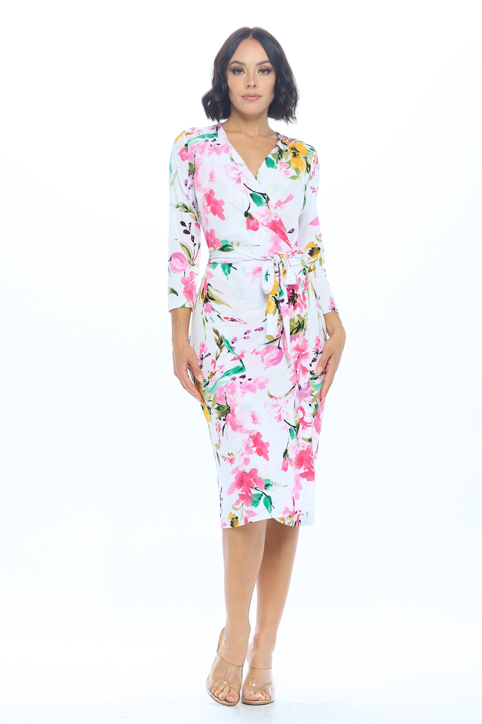 Floral Print V neck Jersey Dress with Tie-Dresses-RENEE C.-Urbanheer