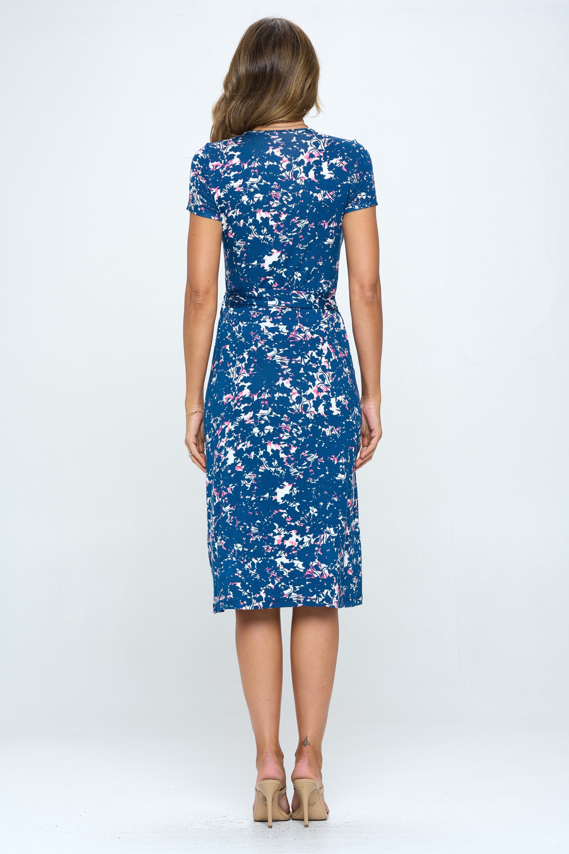 Print V neck Dress with Tie-Dresses-RENEE C.-Small-BLUE-Urbanheer