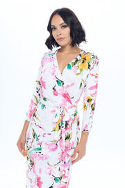 Floral Print V neck Jersey Dress with Tie-Dresses-RENEE C.-Urbanheer