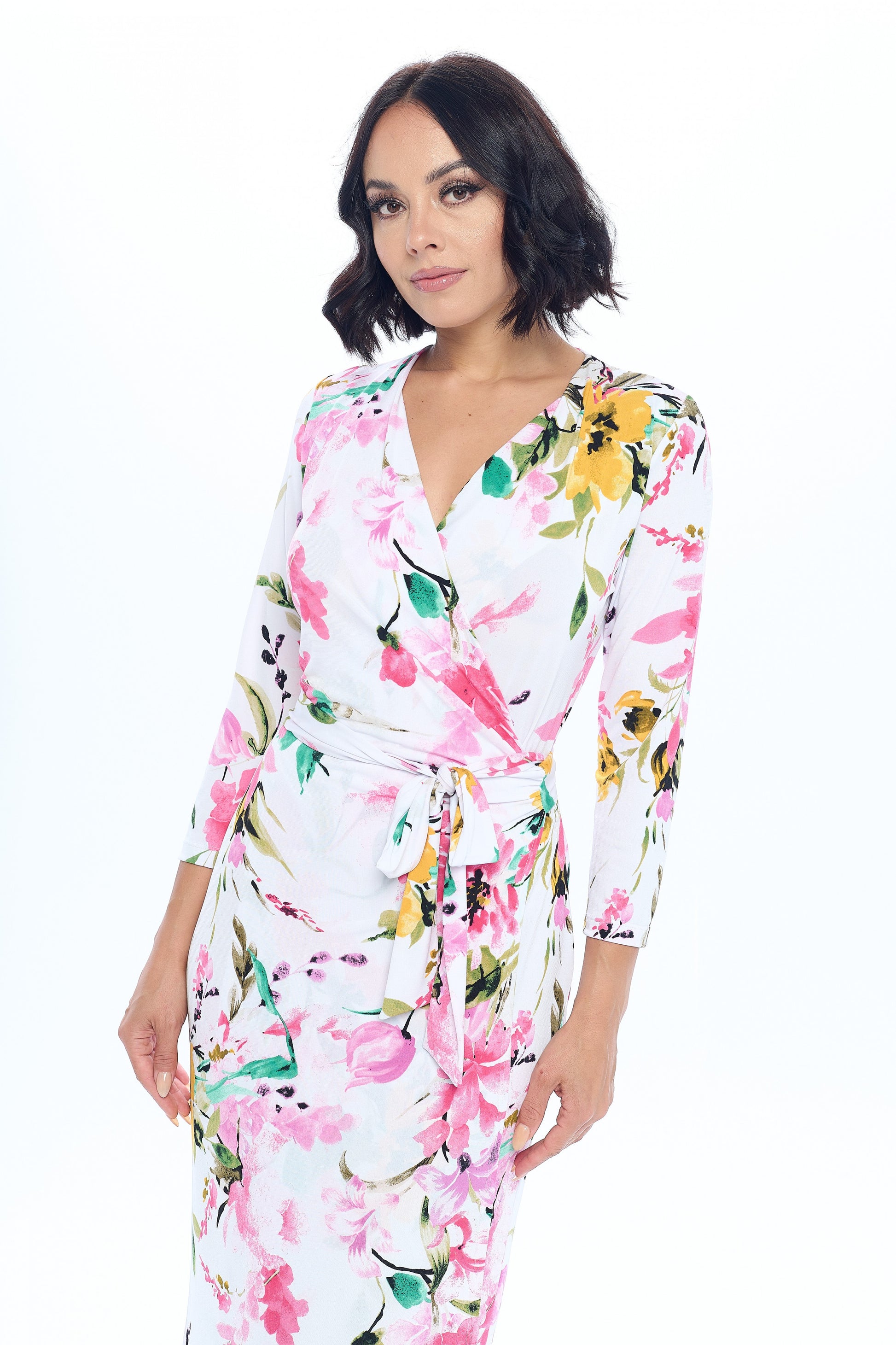 Floral Print V neck Jersey Dress with Tie-Dresses-RENEE C.-Urbanheer