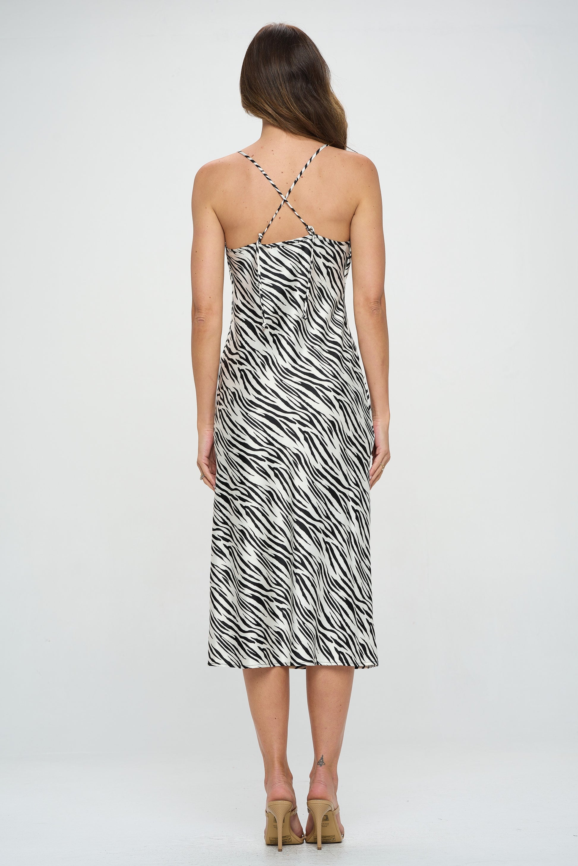 Zebra Print Satin Bias Slip Dress With Slit-Dresses-RENEE C.-Urbanheer