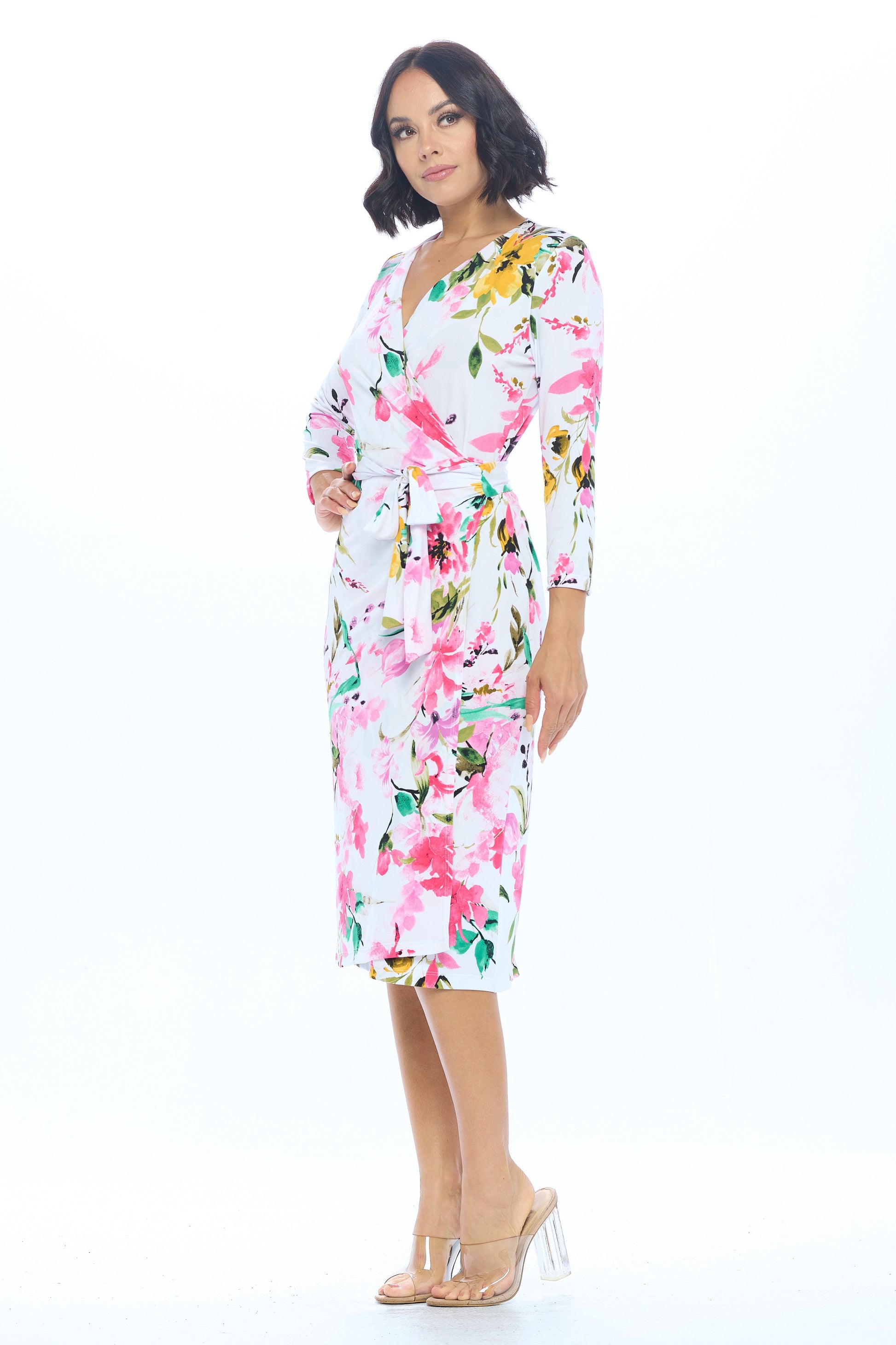 Floral Print V neck Jersey Dress with Tie-Dresses-RENEE C.-Urbanheer