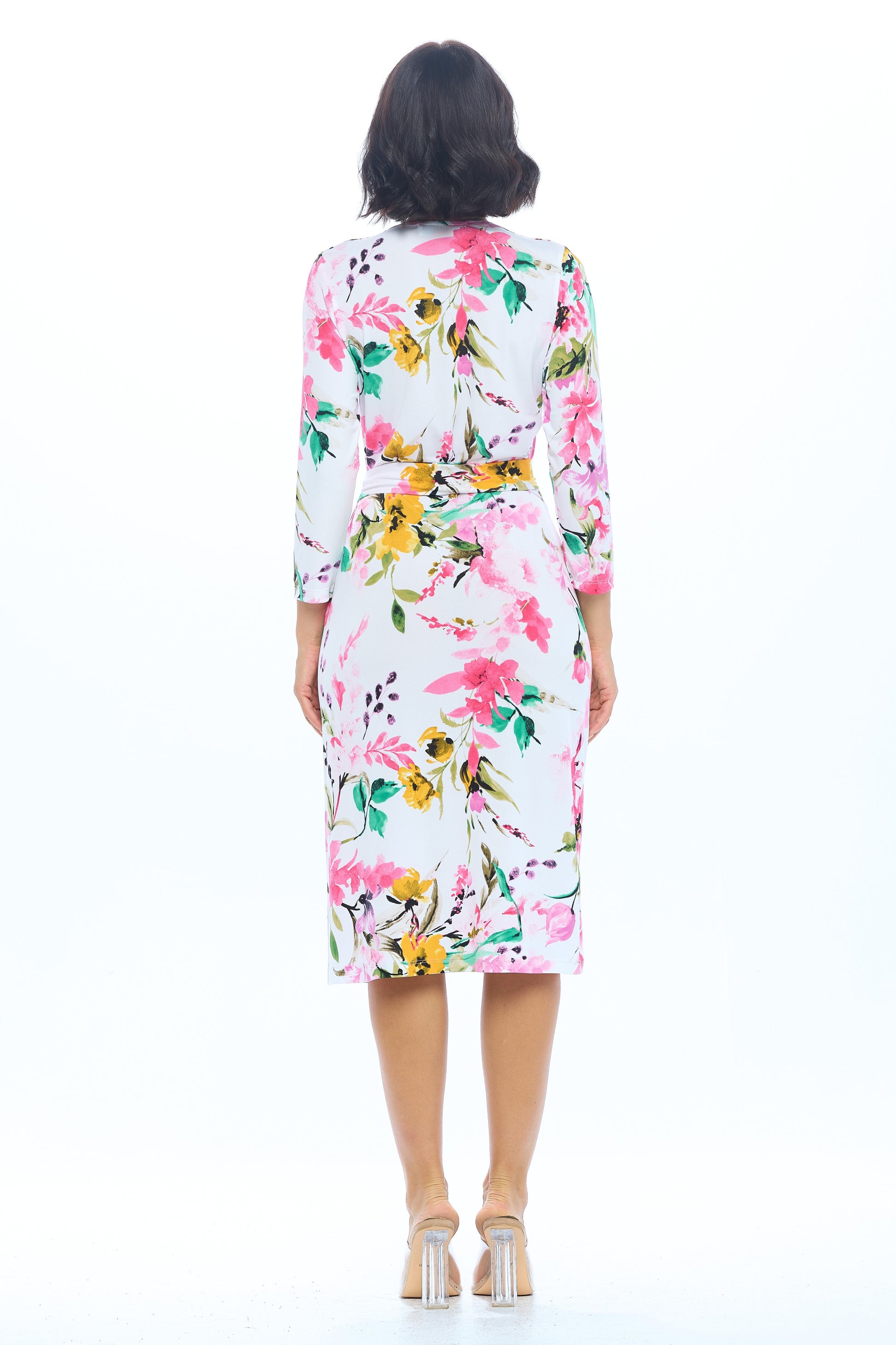 Floral Print V neck Jersey Dress with Tie-Dresses-RENEE C.-Urbanheer