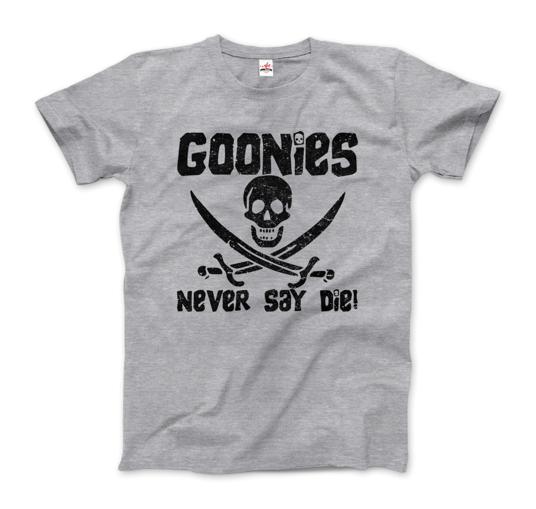 The Goonies Never Say Die Distressed Design T-Shirt-Art-O-Rama Shop-Women (Fitted)-Black-S-Urbanheer