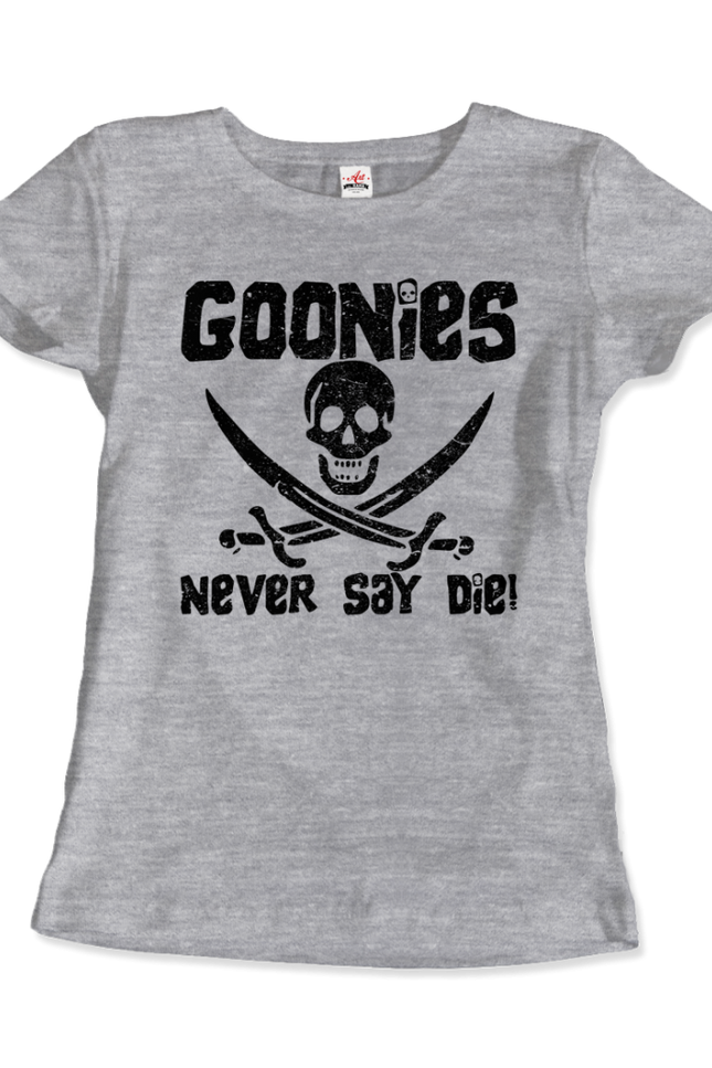 The Goonies Never Say Die Distressed Design T-Shirt-Art-O-Rama Shop-Women (Fitted)-Heather Grey-S-Urbanheer