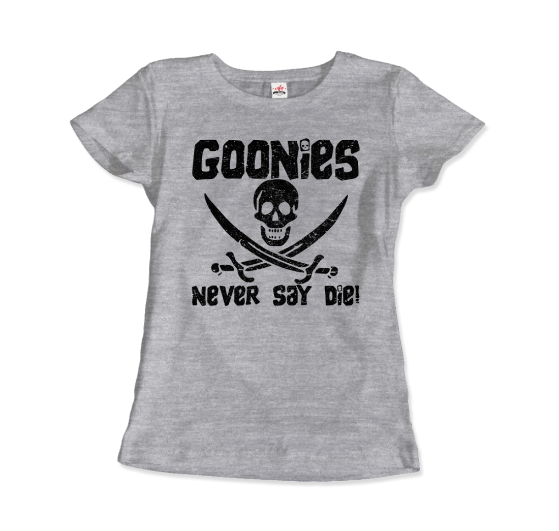 The Goonies Never Say Die Distressed Design T-Shirt-Art-O-Rama Shop-Women (Fitted)-White-S-Urbanheer