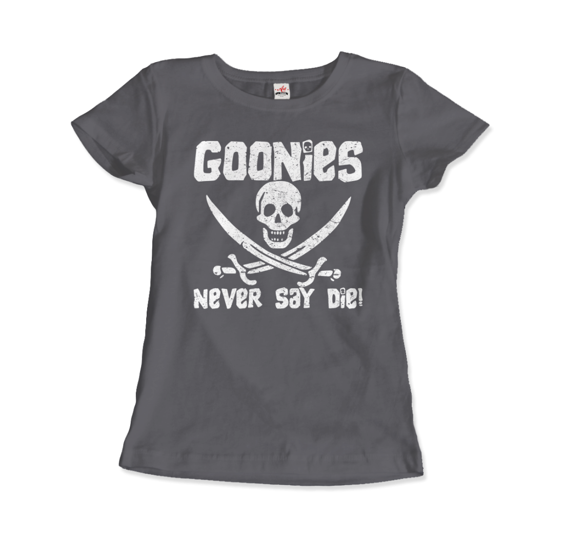 The Goonies Never Say Die Distressed Design T-Shirt-Art-O-Rama Shop-Women (Fitted)-Navy-S-Urbanheer