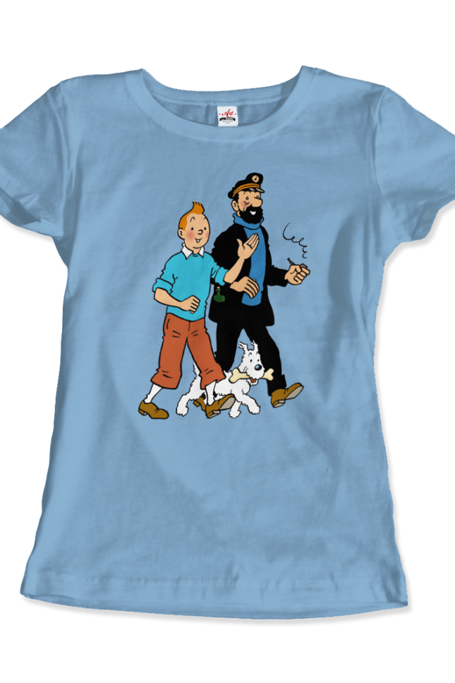 Tintin, Snowy And Captain Haddock Artwork T-Shirt-T-Shirt-Art-O-Rama Shop-Women (Fitted)-Light Blue-S-Urbanheer
