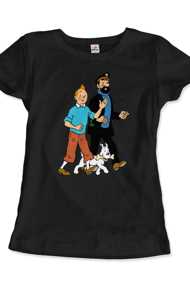 Tintin, Snowy And Captain Haddock Artwork T-Shirt-T-Shirt-Art-O-Rama Shop-Women (Fitted)-Black-3XL-Urbanheer