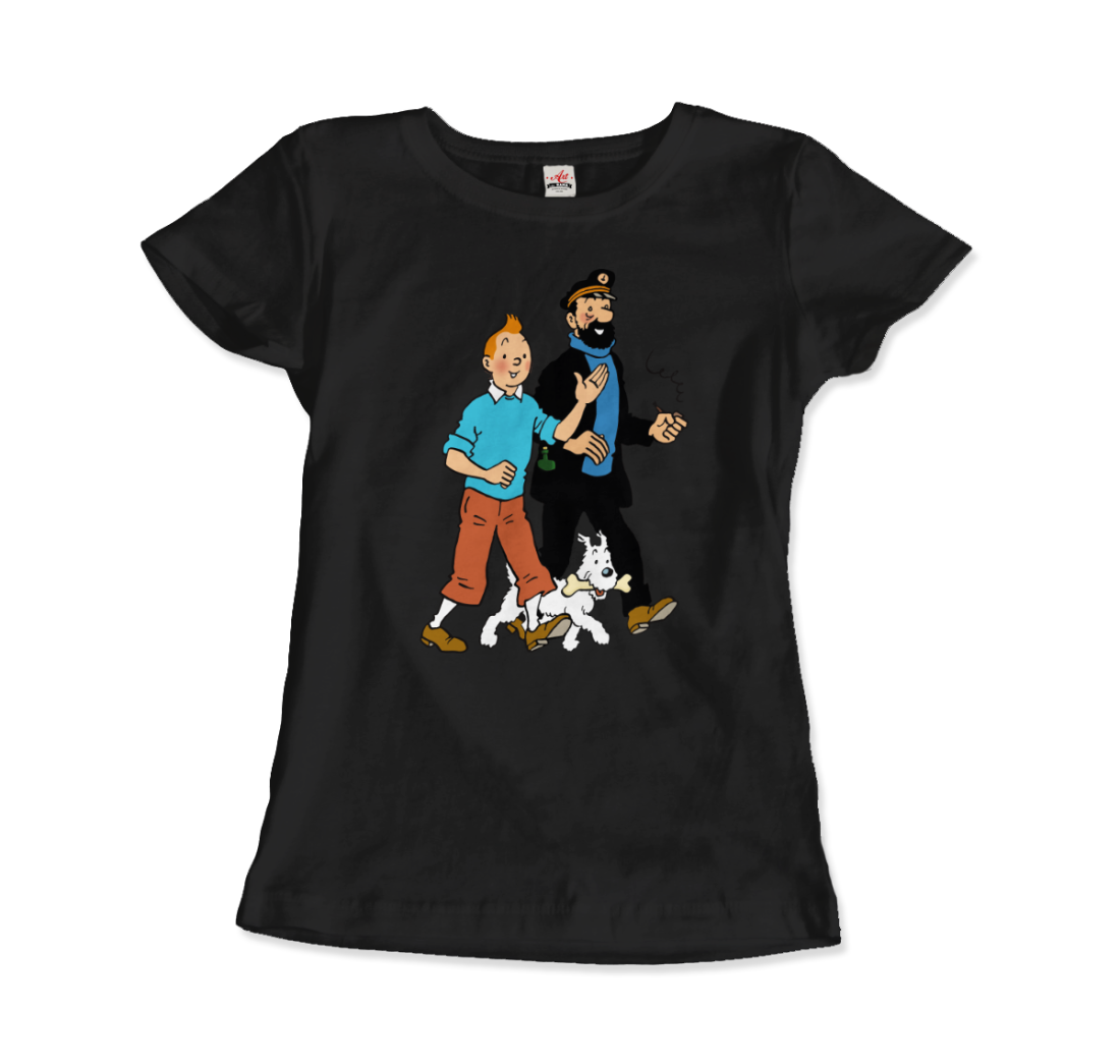 Tintin, Snowy And Captain Haddock Artwork T-Shirt-T-Shirt-Art-O-Rama Shop-Women (Fitted)-Light Blue-S-Urbanheer