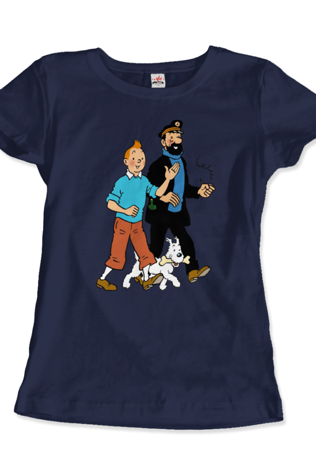 Tintin, Snowy And Captain Haddock Artwork T-Shirt-T-Shirt-Art-O-Rama Shop-Women (Fitted)-Navy-M-Urbanheer