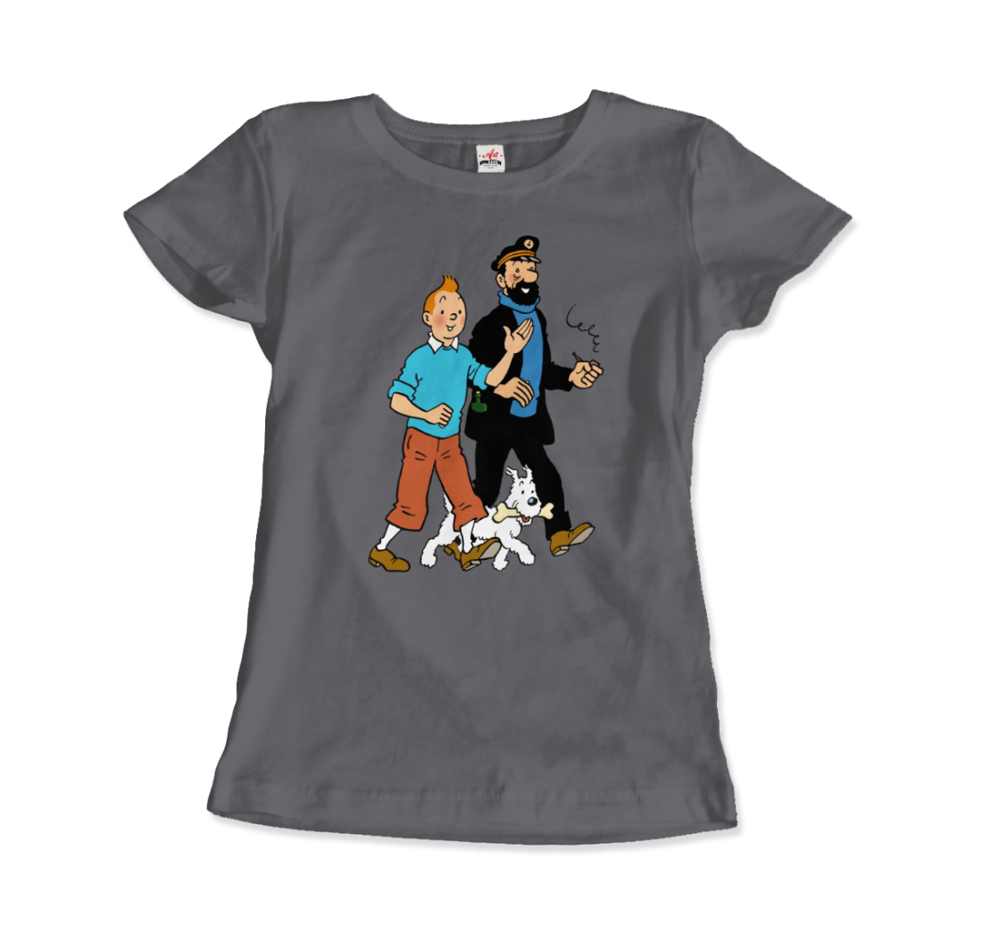 Tintin, Snowy And Captain Haddock Artwork T-Shirt-T-Shirt-Art-O-Rama Shop-Women (Fitted)-Navy-S-Urbanheer