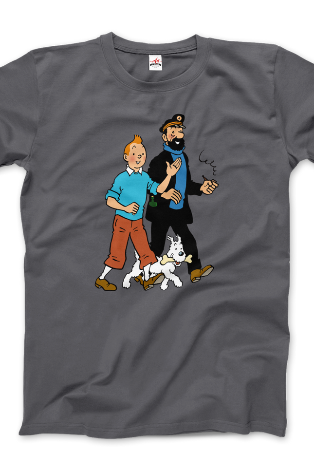Tintin, Snowy And Captain Haddock Artwork T-Shirt-T-Shirt-Art-O-Rama Shop-Men (Unisex)-Charcoal-M-Urbanheer