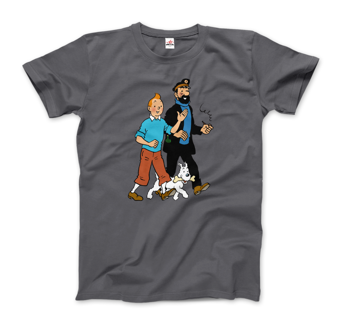 Tintin, Snowy And Captain Haddock Artwork T-Shirt-T-Shirt-Art-O-Rama Shop-Men (Unisex)-Light Blue-S-Urbanheer