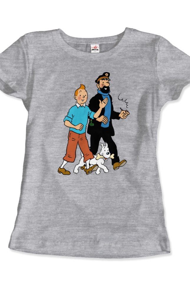 Tintin, Snowy And Captain Haddock Artwork T-Shirt-T-Shirt-Art-O-Rama Shop-Women (Fitted)-Heather Grey-M-Urbanheer
