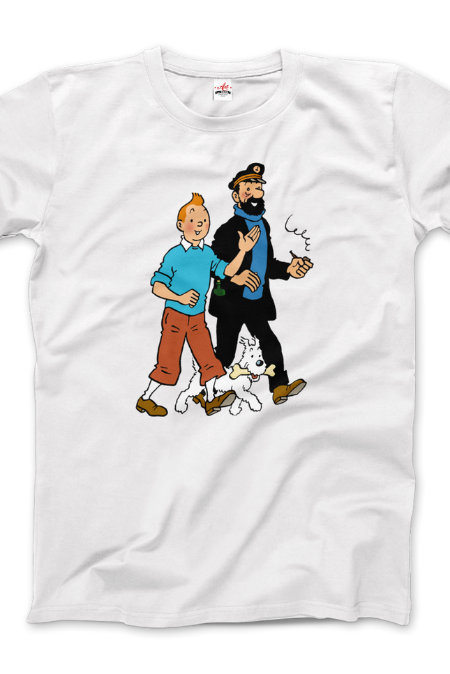Tintin, Snowy And Captain Haddock Artwork T-Shirt-T-Shirt-Art-O-Rama Shop-Men (Unisex)-White-S-Urbanheer