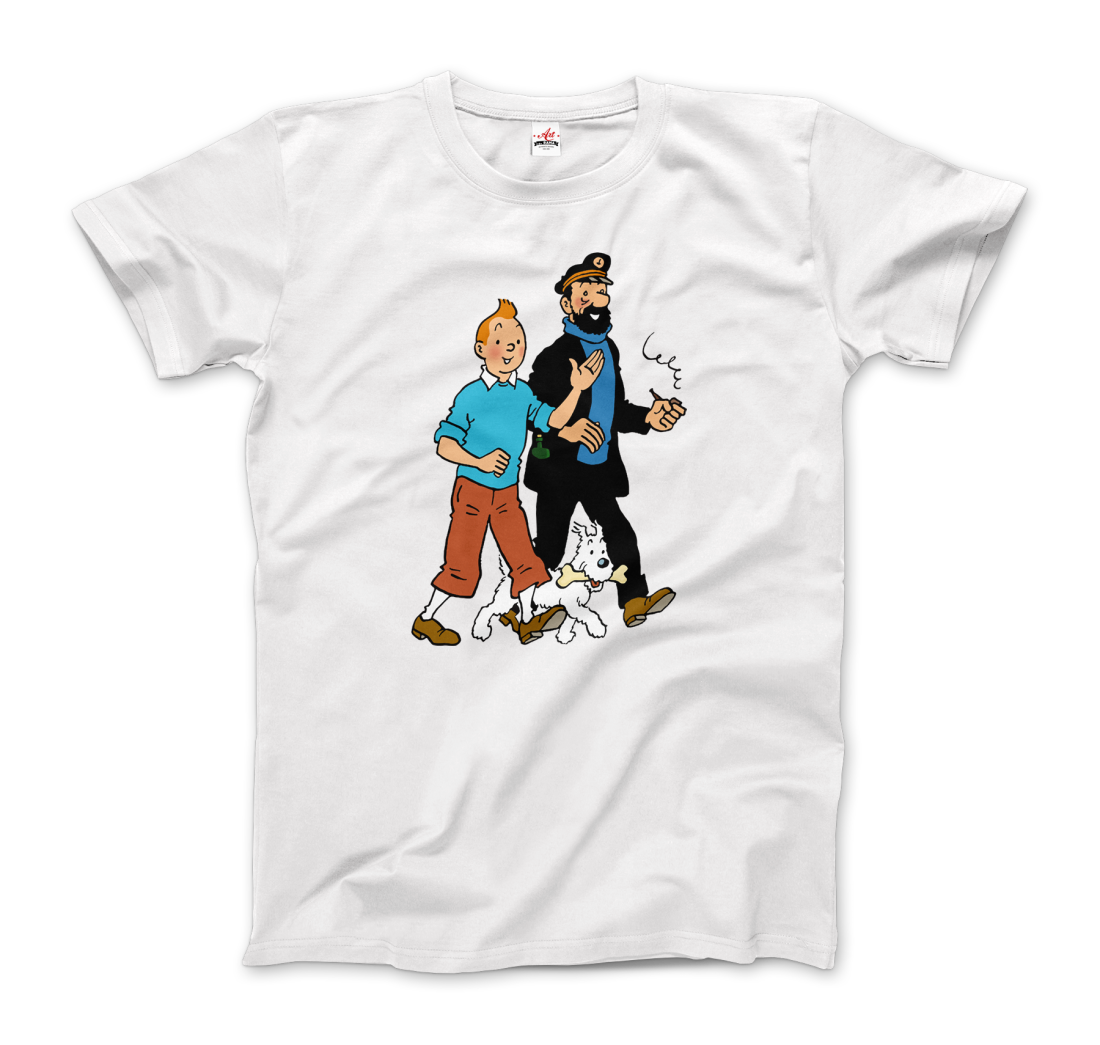 Tintin, Snowy And Captain Haddock Artwork T-Shirt-T-Shirt-Art-O-Rama Shop-Men (Unisex)-White-S-Urbanheer