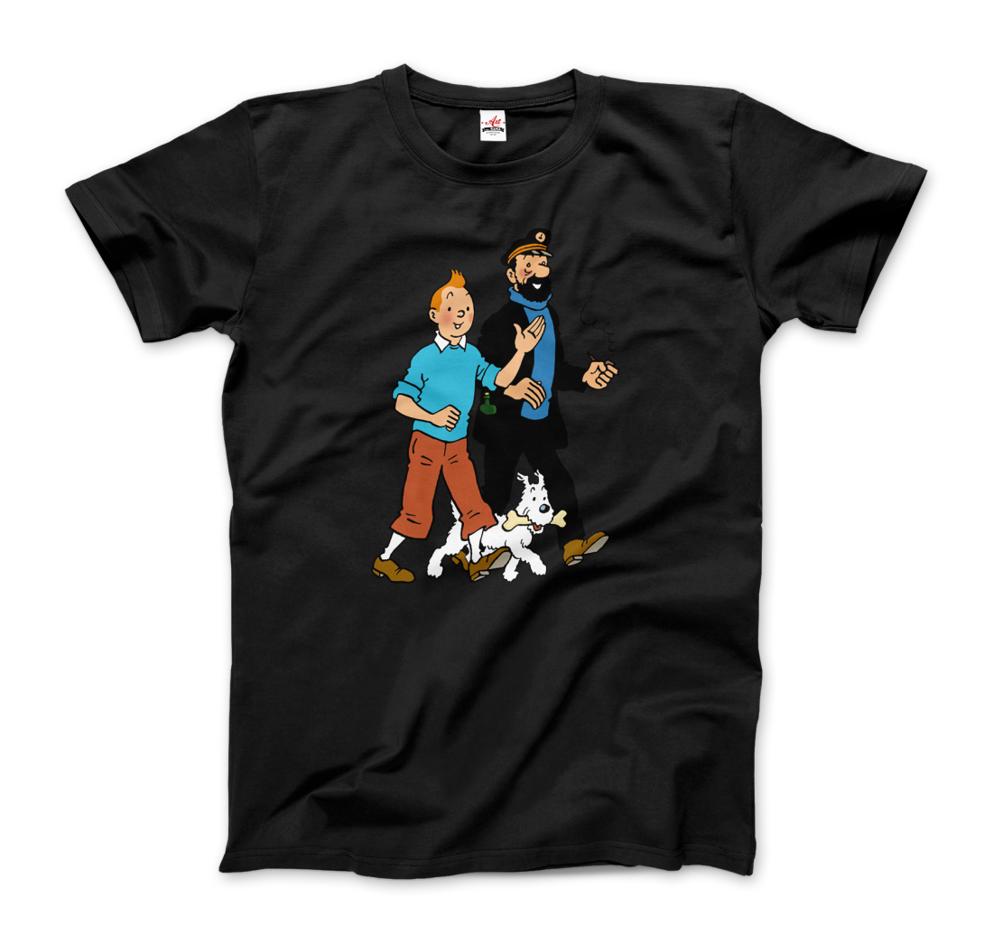 Tintin, Snowy And Captain Haddock Artwork T-Shirt-T-Shirt-Art-O-Rama Shop-Women (Fitted)-Black-S-Urbanheer