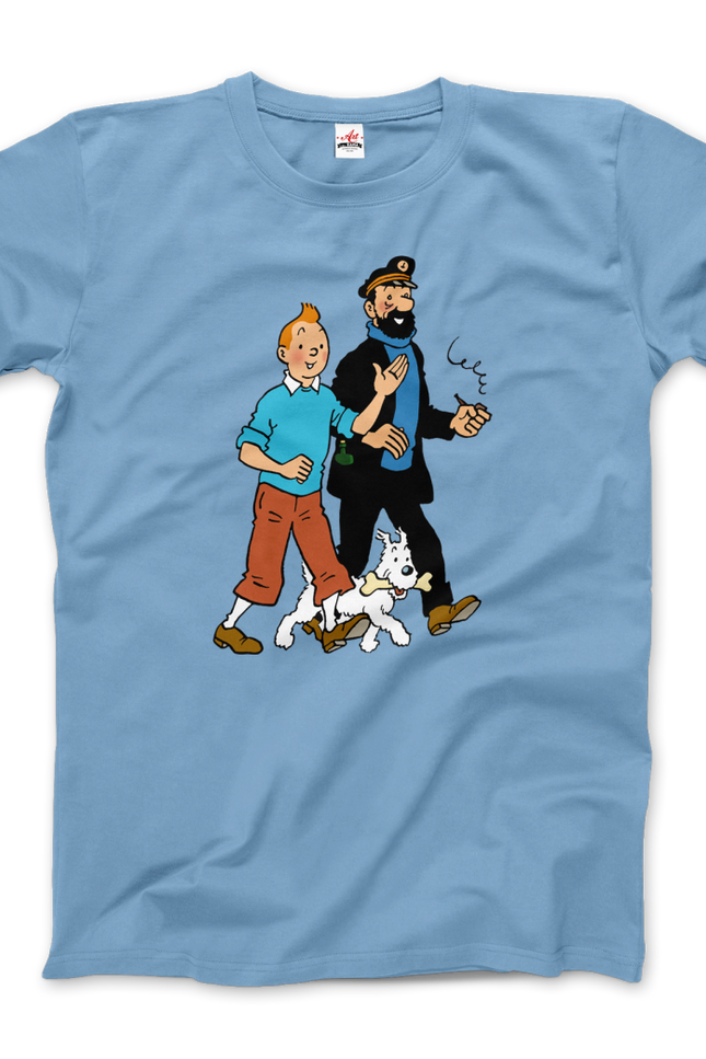Tintin, Snowy And Captain Haddock Artwork T-Shirt-T-Shirt-Art-O-Rama Shop-Men (Unisex)-Light Blue-S-Urbanheer