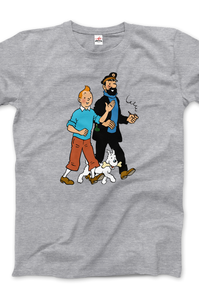 Tintin, Snowy And Captain Haddock Artwork T-Shirt-T-Shirt-Art-O-Rama Shop-Men (Unisex)-Heather Grey-S-Urbanheer