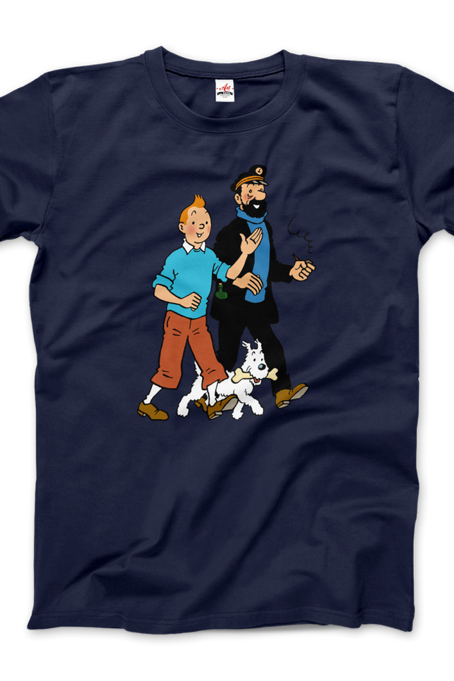 Tintin, Snowy And Captain Haddock Artwork T-Shirt-T-Shirt-Art-O-Rama Shop-Men (Unisex)-Navy-XL-Urbanheer