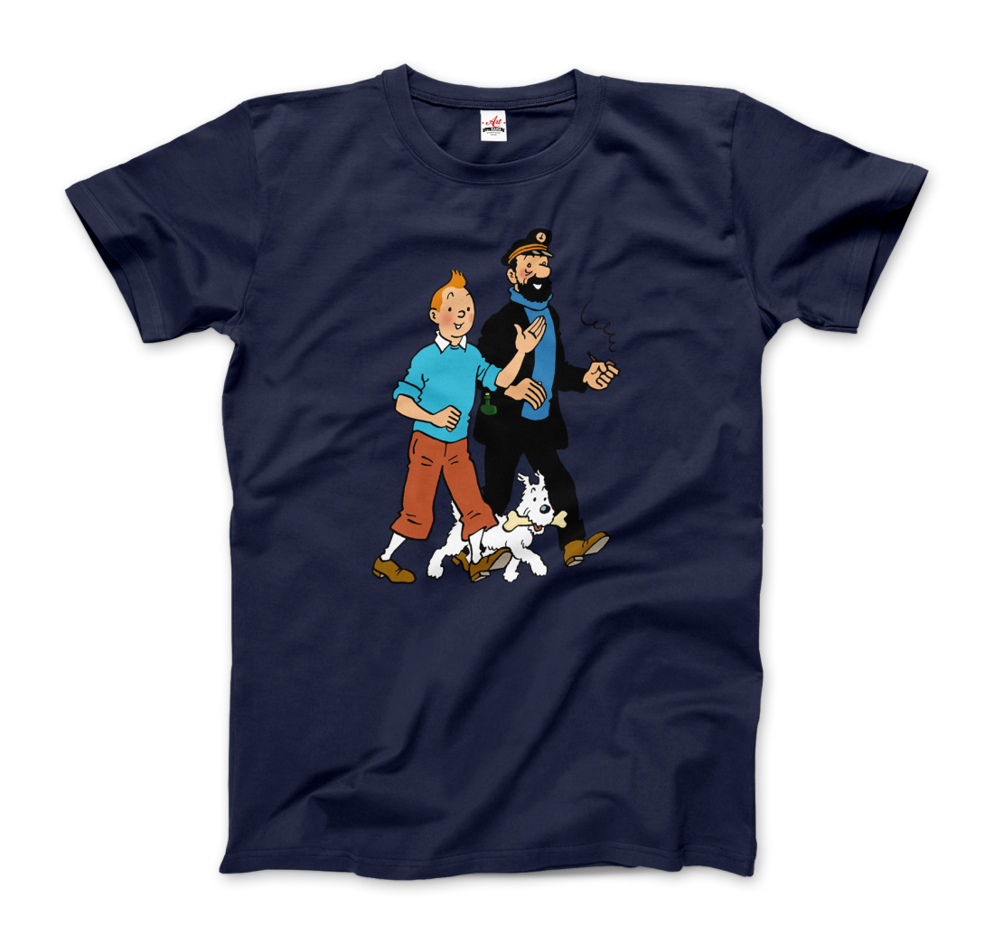 Tintin, Snowy And Captain Haddock Artwork T-Shirt-T-Shirt-Art-O-Rama Shop-Men (Unisex)-Navy-S-Urbanheer