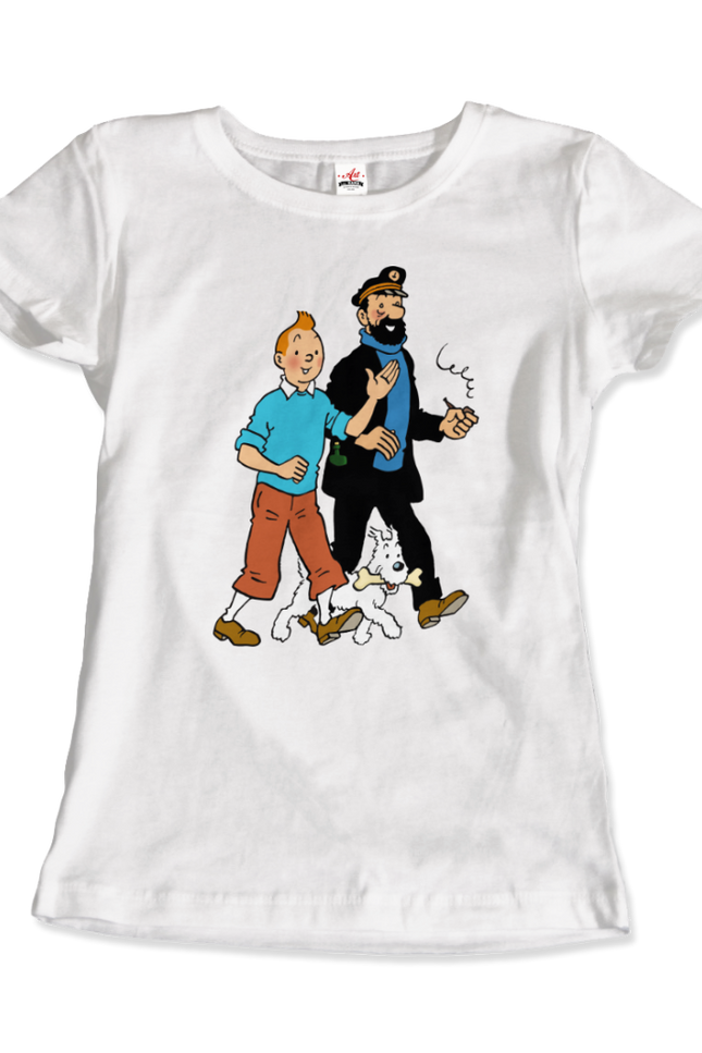 Tintin, Snowy And Captain Haddock Artwork T-Shirt-T-Shirt-Art-O-Rama Shop-Women (Fitted)-White-S-Urbanheer