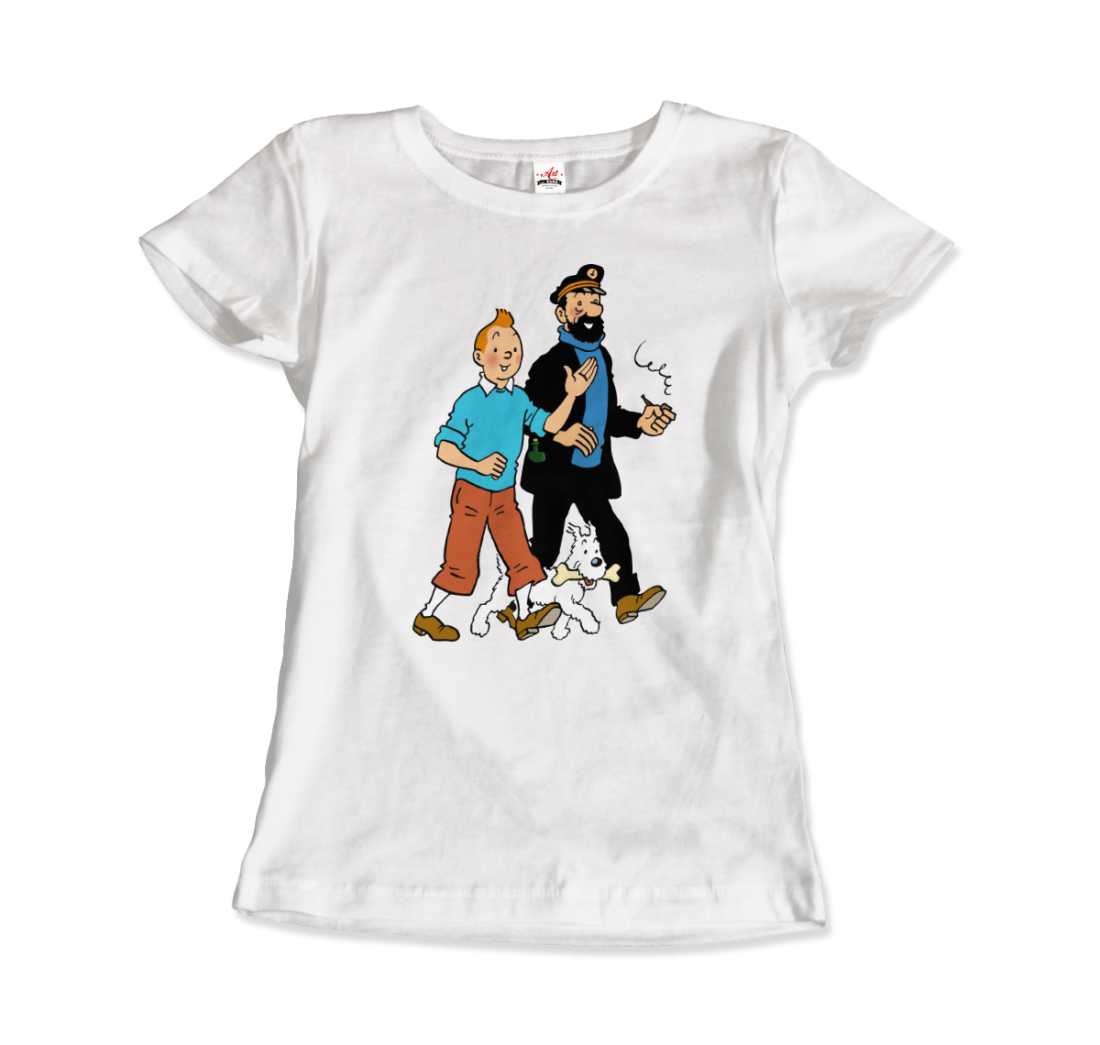 Tintin, Snowy And Captain Haddock Artwork T-Shirt-T-Shirt-Art-O-Rama Shop-Women (Fitted)-White-S-Urbanheer