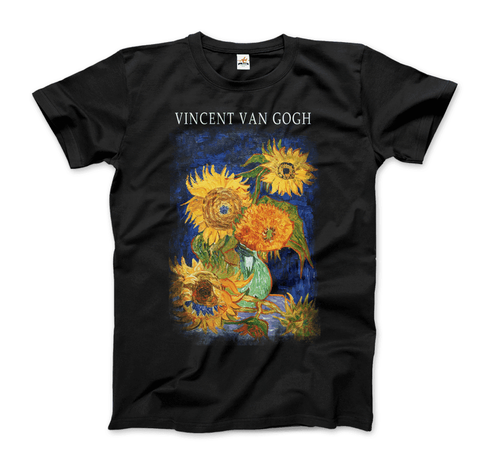 Van Gogh Five Sunflowers 1888, Artwork T-Shirt-Art-O-Rama Shop-Men (Unisex)-Black-S-Urbanheer