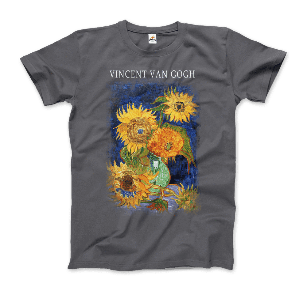 Van Gogh Five Sunflowers 1888, Artwork T-Shirt-Art-O-Rama Shop-Men (Unisex)-Charcoal-S-Urbanheer
