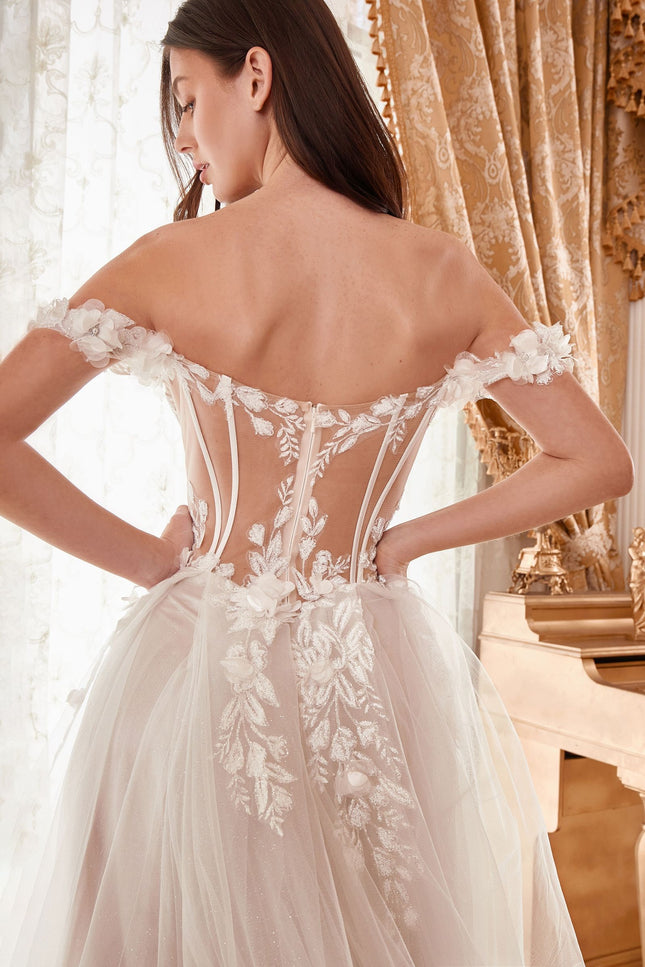 Off Shoulder Floral Applique A-Line Long Wedding Dress Cdwn308-Wedding Dress-CIND-Urbanheer
