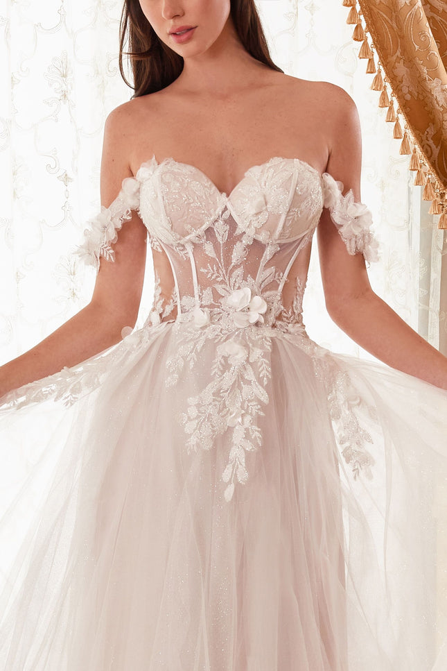 Off Shoulder Floral Applique A-Line Long Wedding Dress Cdwn308-Wedding Dress-CIND-Urbanheer