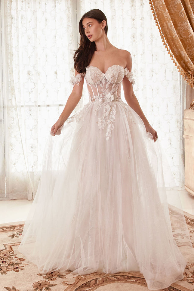 Off Shoulder Floral Applique A-Line Long Wedding Dress Cdwn308-Wedding Dress-CIND-4-FRENCH-WHITE-Urbanheer